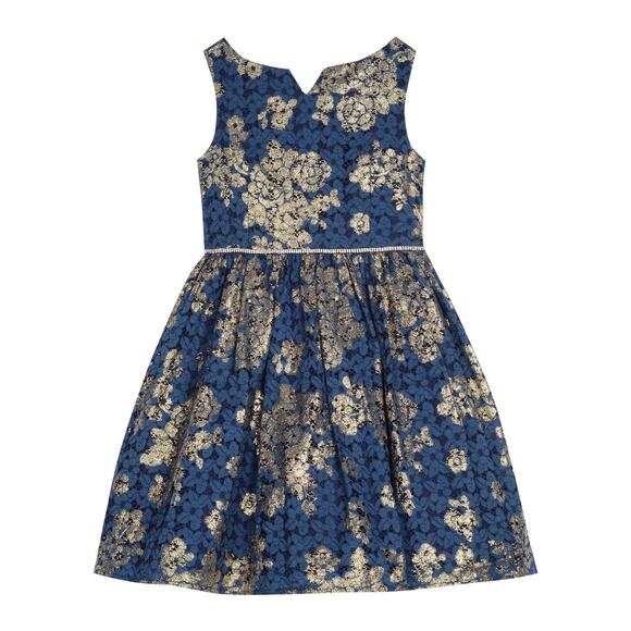 Belle Badgley Mischka Sleeveless Gold Foil Navy Blue Dress 14 - Picture 1 of 6